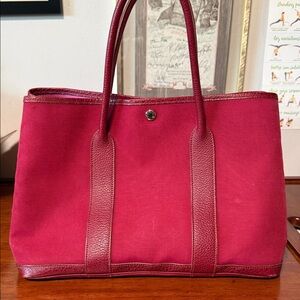 Hermes Red Garden Party Toile Canvas Tote